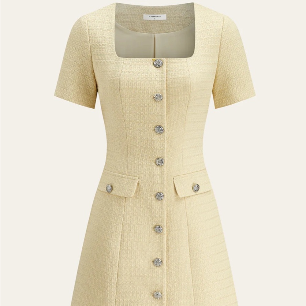 Commense Yellow Tweed Short Sleeve Dress